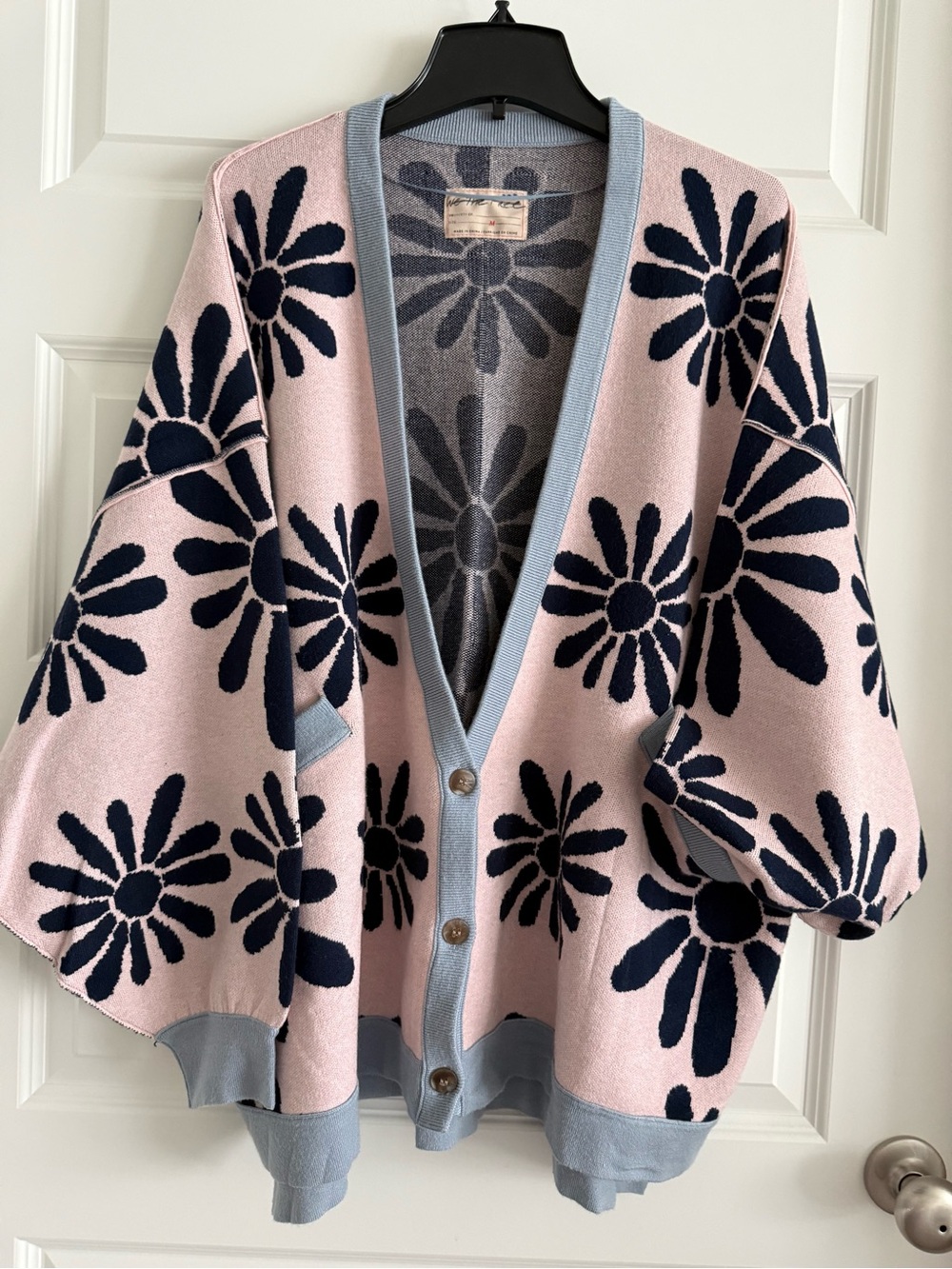 We The Free Pink Cardigan with Navy Daisy Motif and Light Blue Trim